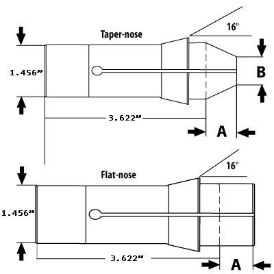 TF37SP Round Smooth, Extended Nose Swiss Collet. Decimal Sizes .008" to 1.265"